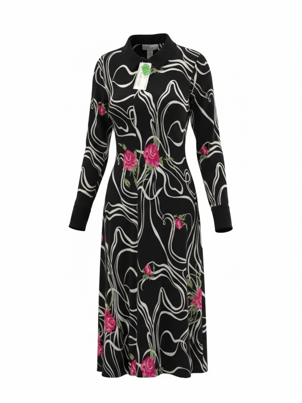 Black Floral Midi Dress with Pink Rose Print